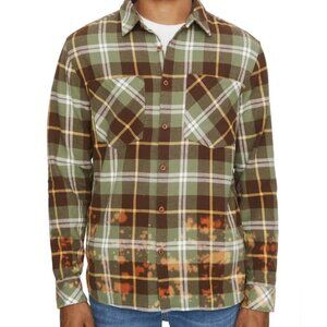 NEW Nordstrom Eleven Paris Plaid Flannel Shirt Bleach Splatter Brown Green Large